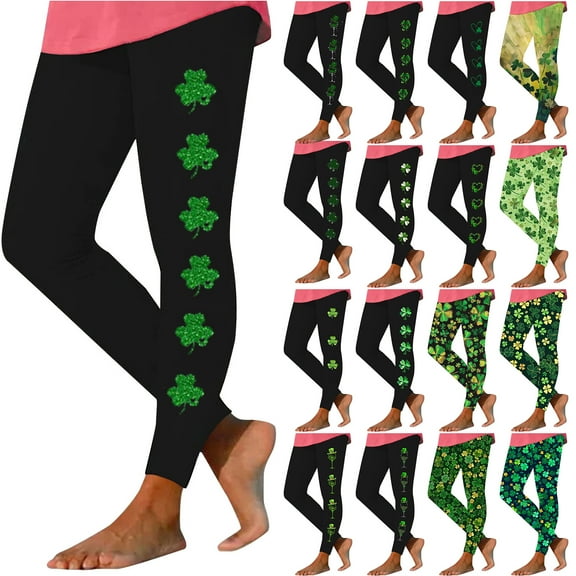 QATAINLAV Summer Savings Women's St Patricks Day Running Leggings Funny Shamrock Clover Print Soft Stretchy Yoga Pants Casual High Waisted Tummy Control Tights Black L
