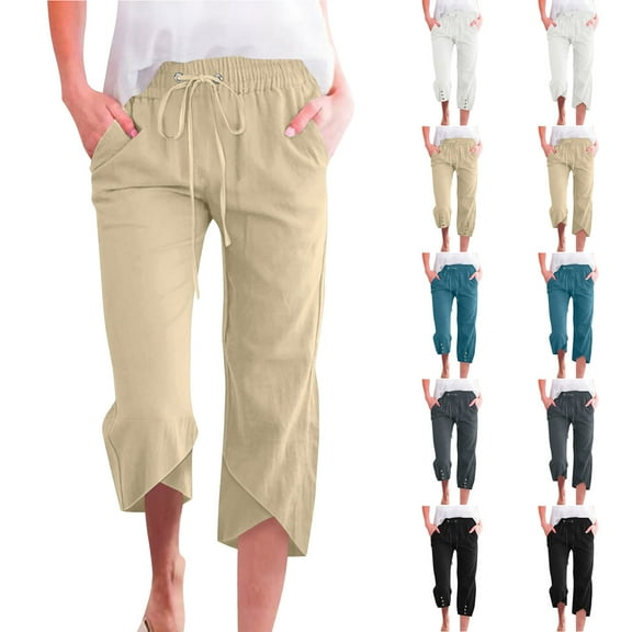 QATAINLAV Womens Capris Pants High Waist Drawstring Comfy Casual Beach Pants Lightweight Linen Straight Leg Cropped Trousers Buttons Trim with Pockets Khaki M