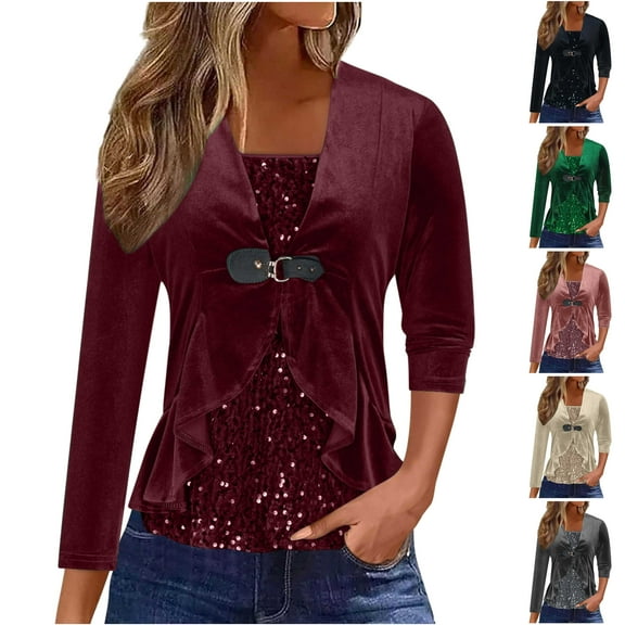 QATAINLAV Lightning Sales Plus Size Sequin Velvet Tops for Women Casual Splicing Ruffle Hem Tunic Blouses Sparkly Glitter Dressy Long Sleeve Shirts Green XXXXXL