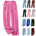 thumbnail image 1 of QATAINLAV Womens Fuzzy Wide Leg Lounge Pants Elastic Drawstring Waist Cozy Fleece Pajama Pant Fall Winter Plush Sleepwear with Pockets, Purple, M, 1 of 6