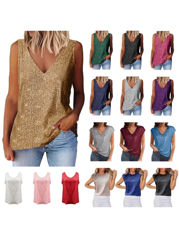 Sequin Tops for Women Night Party V Neck Short Sleeve Sparkly Shirts Glitter Holiday Outfits Spring Fashion Clothes, Gold, XXXL