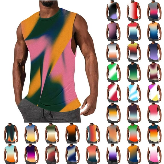 QATAINLAV Lightweight Tanks for Men Big and tall Fashion Gradient Print Sleeveless Shirt Casual Round Neck Tank Tops Sleeveless Muscle Gym Workout Vest Shirt Daily Deals of the Day Multicolor 5XL