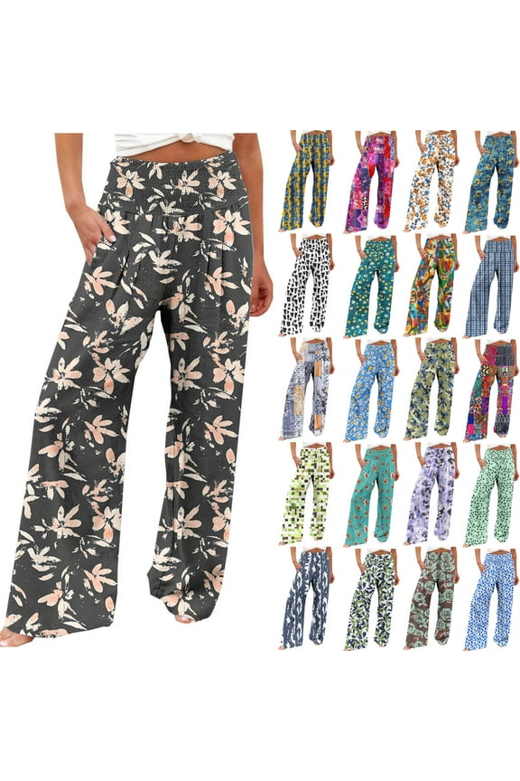 Limited Time Sale! Flowy Wide Leg Linen Pants for Women Fashion Floral Print Palazzo Pants Elastic High Waisted Lounge Pant Trousers with Pockets Multicolor XL