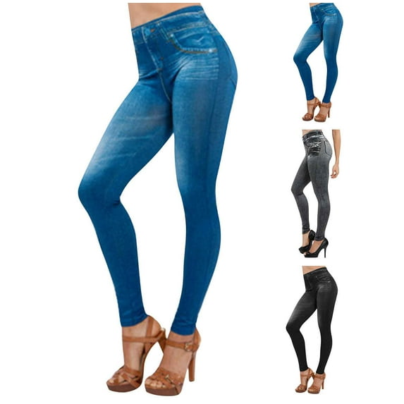QATAINLAV Women's Imitation Denim Pants Slim Fit High Waist Tummy Control Jeans Solid Casual Tight Jean Leggings Black L