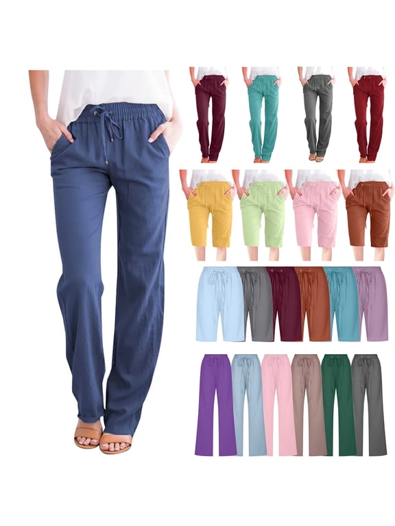 Limited Time Sale, Womens Linen Pants 2025 Summer Drawstring Sweatpants Casual Loose Wide Leg Lounge Trousers for Beach Travel Vacation Green XXXL