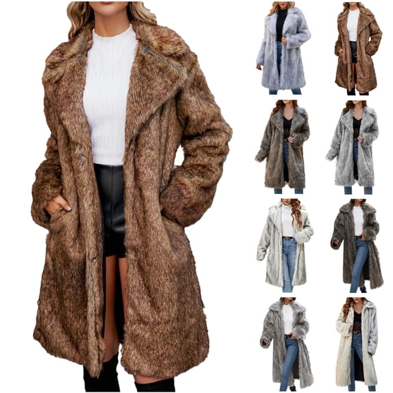 QATAINLAV Women's Fashion Winter Coats Fuzzy Fleece Long Sleeve Lapel Jackets Open Front Faux Fur Warm Long Cardigans Outerwear, Gray, M