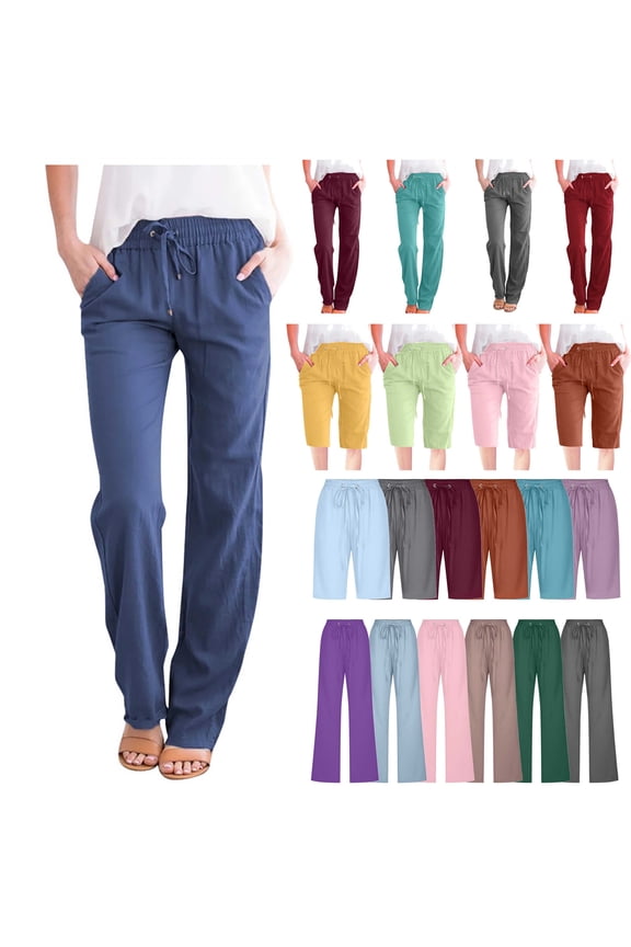 Limited Time Sales of The Day, Womens Casual Linen Pants Lightweight Drawstring Elastic Waist Beach Pant Spring Summer Loose Comfy Wide Leg Slacks Trousers Army Green M