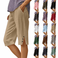 thumbnail image 1 of QATAINLAV Linen Bermuda Shorts for Women Knee Length Summer Capri Pants Solid Casual Button Side Split Shorts with Pockets Mint Green S, 1 of 6