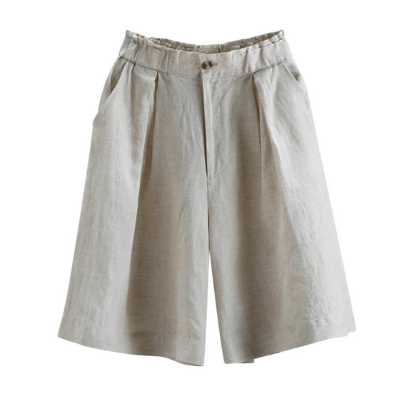 QATAINLAV Linen Bermuda Shorts for Women, Women Bermuda Shorts Cotton Linen Knee Length Wide Leg Short 2024 Beach Solid Color Shorts with Pockets, Bermudas Para Mujer, Beige, XXL