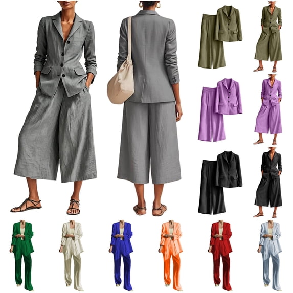 QATAINLAV Linen Blazer and Pants Matching Set for Women Dressy Casual Work Jackets with Wide Leg Capris 2 Piece Business Outfits Gray XL