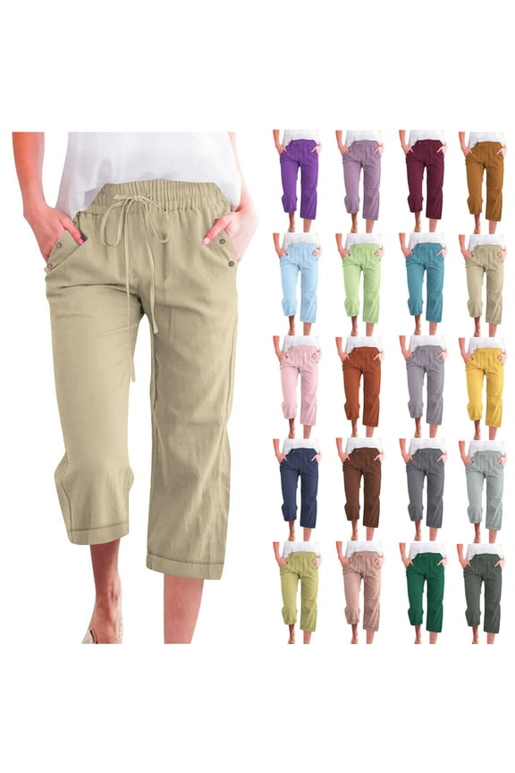 Linen Capri Pants for Women Casual 2025 Summer Drawstring Elastic High Waist Cropped Pants Solid Color Straight Wide Leg Capris Sky Blue XXL Gifts for Mom