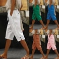 thumbnail image 1 of QATAINLAV Linen Capri Pants for Women Casual Side Slit Button Trim Capris Summer Drawstring Elastic Waist Knee Length Beach Shorts with Pockets Blue L Birthday Gifts, 1 of 7