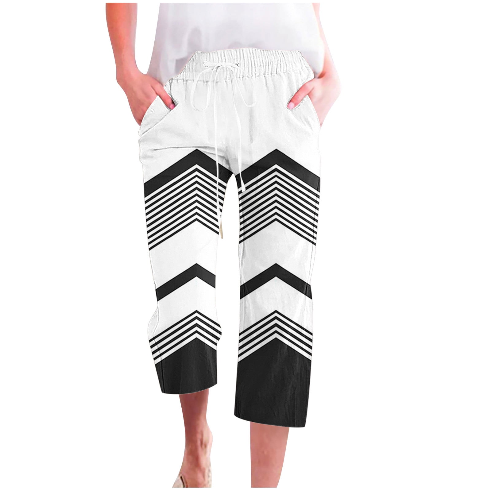 QATAINLAV Linen Capri Pants Women, Geometric Print Capris Pant for Women Casual Drawstring High Waist Beach Pant Loose Straight Cropped Trousers with Pockets Verano Para Mujer Multicolor M