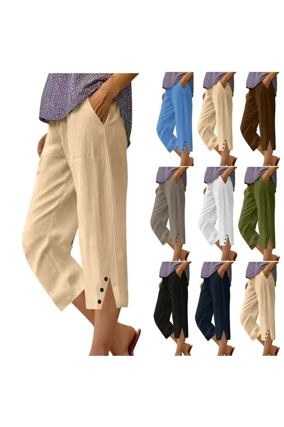 Linen Capri Pants for Women Summer High Waist Straight Leg Lounge Cropped Slacks Solid Casual Side Slits Ankle Capris with Pockets Black S 50% Percent off Sales Today