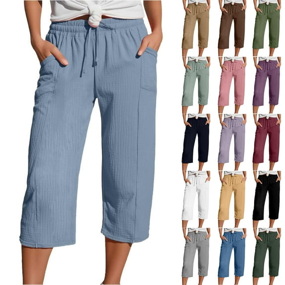 QATAINLAV Linen Capri Pants for Women 2025 Summer Casual Drawstring Cropped Beach Pants Loose Fit Wide Leg Capris with Pockets Gray L Summer Savings