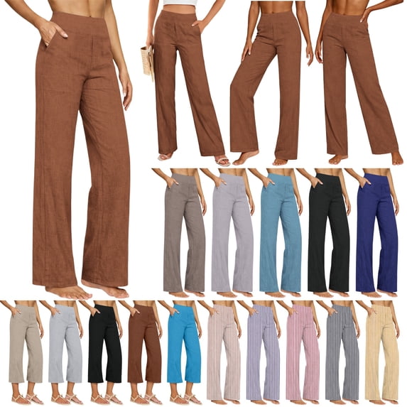 QATAINLAV Linen Capri Pants for Women Loose Wide Leg Capris Pant Summer Boho Dressy Casual Elastic Waist Beach Trousers with Pockets Khaki L