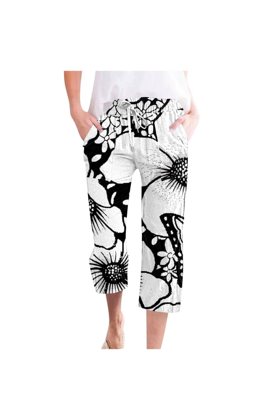 Linen Capris, Capri Pants for Women Loose Fit Cropped Trousers Summer Casual Drawstring Beach Pant with Pockets 2024 Floral Print Crop Pants Lightening Sales Multicolor L