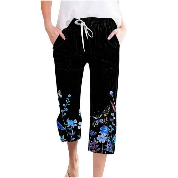 QATAINLAV Linen Capris, Capri Pants for Women Loose Fit Cropped Trousers Summer Casual Drawstring Beach Pant with Pockets 2024 Floral Print Crop Pants Ropa de Verano Para Mujer 2024 Multicolor 3XL