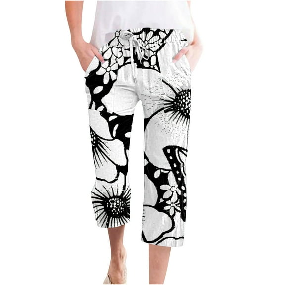 QATAINLAV Linen Capris, Capri Pants for Women Loose Fit Cropped Trousers Summer Casual Drawstring Beach Pant with Pockets 2024 Floral Print Crop Pants Today's Sales Multicolor XL