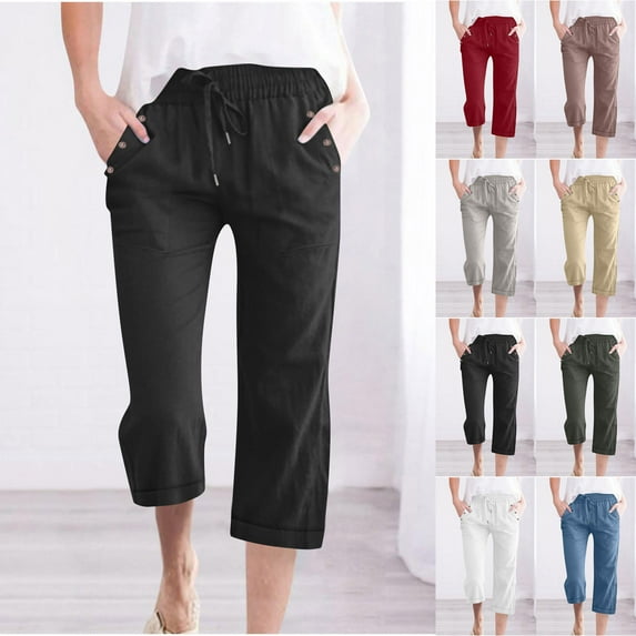 QATAINLAV Linen Capris Pant for Women Summer Elastic Waist Wide Leg Capri Pants Lightweight Drawstring Beach Crop Pant with Pockets Brown XXXXL Camisas Para Hombres