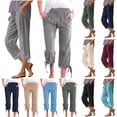 thumbnail image 1 of QATAINLAV Linen Capris Pants for Women Summer Casual Loose Drawstring Elastic High Waist Straight Cropped Trousers with Pockets Beach Clothes Sky Blue M, 1 of 6