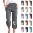 thumbnail image 1 of QATAINLAV Linen Capris for Women Plus Size Cropped Trousers Loose Fit Wide Leg Straight Pants with Pockets Casual Drawstring Dandelion Print Capri Pant, Beige, 3XL, 1 of 6