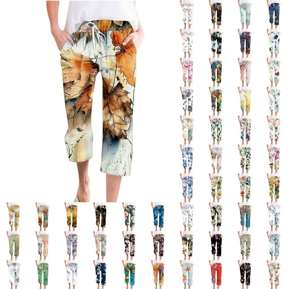 QATAINLAV Linen Capris for Women with Pockets Summer Casual Drawstring Beach Pants Trendy Leaf Print Straight Leg Capri Pants Outdoor Loose Cropped Trousers Sales of The Day Lightning Green M