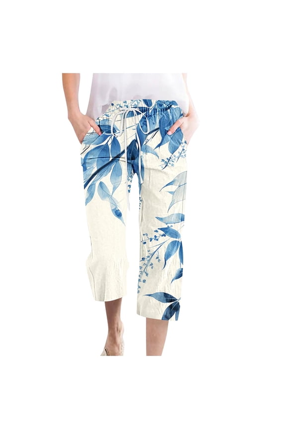 Linen Capris for Women, Summer Casual Drawstring Capri Pants 2024 Trendy Leaf Print Straight Cropped Trouser with Pockets Ropa de Playa Para Hombre 2024 Blue M