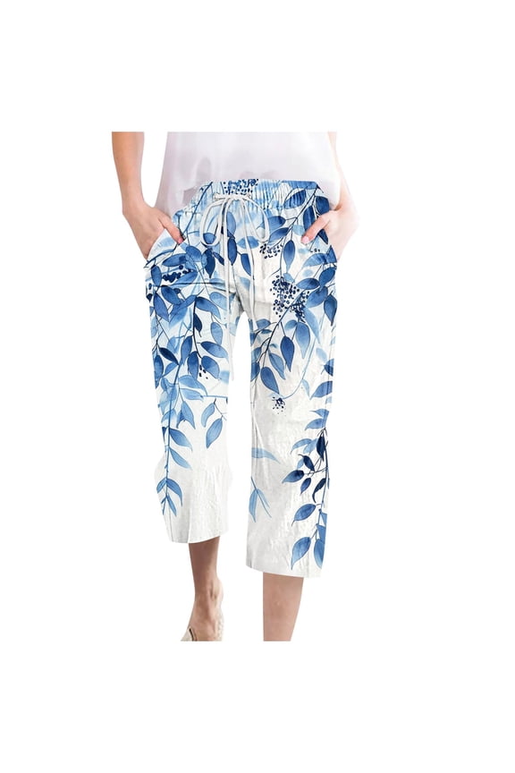 Linen Capris for Women, Summer Casual Drawstring Capri Pants 2024 Trendy Leaf Print Straight Cropped Trouser with Pockets Verano Para Mujer Blue S