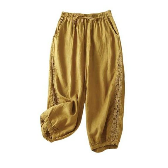 QATAINLAV Linen Capris for Women Summer Casual Lace Patchwork Harem Pants Drawstring Loose Capri Beach Pants Basic Color Cropped Trousers with Pockets Yellow M