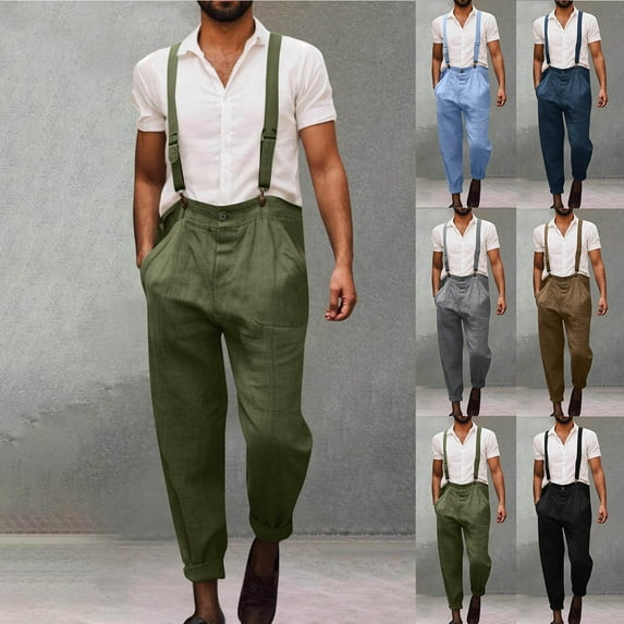 QATAINLAV Linen Cargo Jumpsuits for Men Bib Overalls Workwear Vintage Medieval Straight Leg Summer Pants Steampunk Y2K Streetwear with Pockets Army Green XXL Gifts for Dad