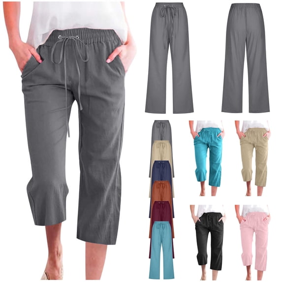 QATAINLAV Linen Casual Pants for Women Summer Wide Leg Cropped Pants Loose Drawstring Straight Capris Beach Pants 2026 Solid Color Capri Trousers with Pockets Purple XL