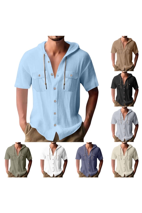 Linen Hoodie for Men Drawstring Hooded Button Down Beach Hippie Shirt Lightweight Short Sleeve Blouse Tops with Chest Pockets, Army Green, M