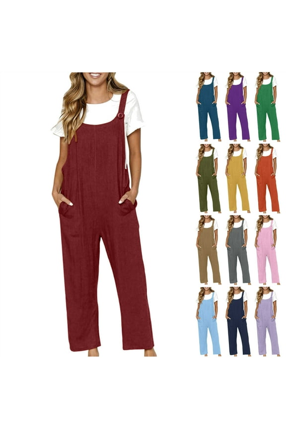 Linen Jumpsuits for Women Plus Size Summer Loose Wide Leg Onesie Pants Solid Casual Sleeveless Bib Overalls with Pockets Beach Vacation Clothes Khaki XXXL Weekly Sales