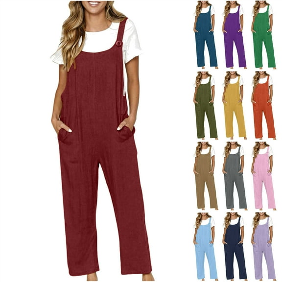 QATAINLAV Linen Jumpsuits for Women Plus Size Summer Loose Wide Leg Onesie Pants Solid Casual Sleeveless Bib Overalls with Pockets Beach Vacation Clothes Wine S Mother's Day Gifts