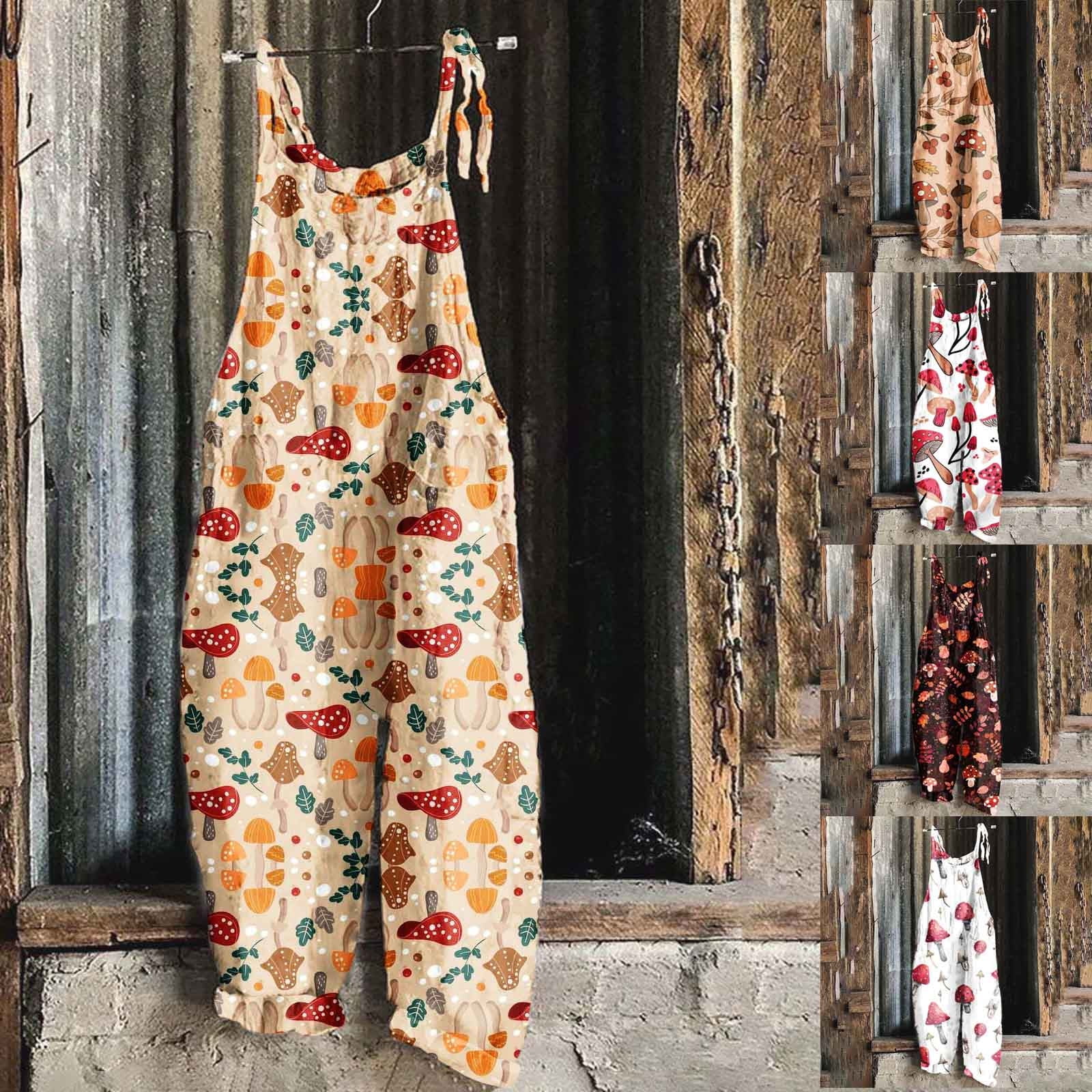 QATAINLAV Linen Jumpsuits for Women Trendy Mushroom Print