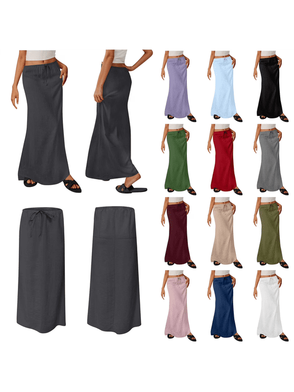 Linen Maxi Skirts for Women Cute Drawstring Elastic Waist Dress Summer Vacation Boho Long Flowy Skirts Wine XL