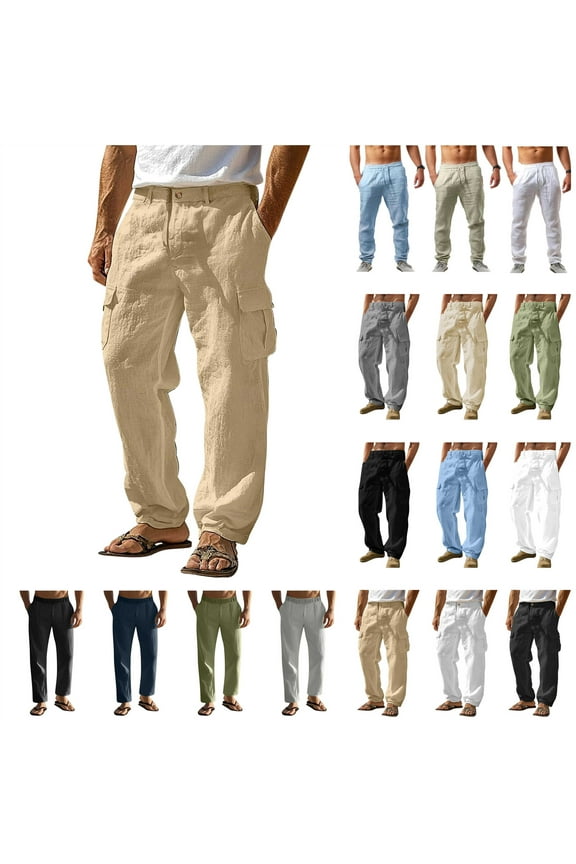 Linen Pants for Men Casual Elastic Waist Loose Fit Beach Summer Pants with Pockets Lightweight Comfy Yoga Lounge Trousers Dark Gray XXL Ropa de Verano Para Mujer