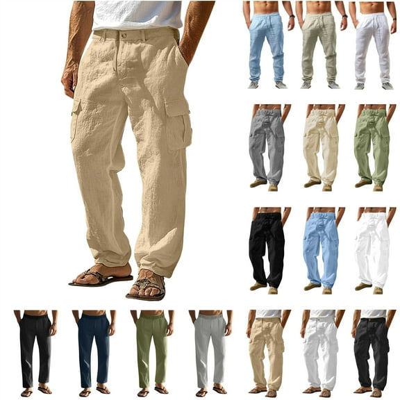 QATAINLAV Linen Pants for Men Casual Elastic Waist Loose Fit Beach Summer Pants with Pockets Lightweight Comfy Yoga Lounge Trousers Khaki M Mens Gifts