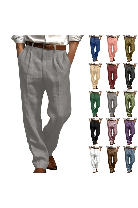 Mens Straight Leg Pleated Work Dress Pants Loose Fit Lightweight Linen Beach Yoga Trousers Casual Pleated Front Pocket Suit Pant, Dark Gray, L
