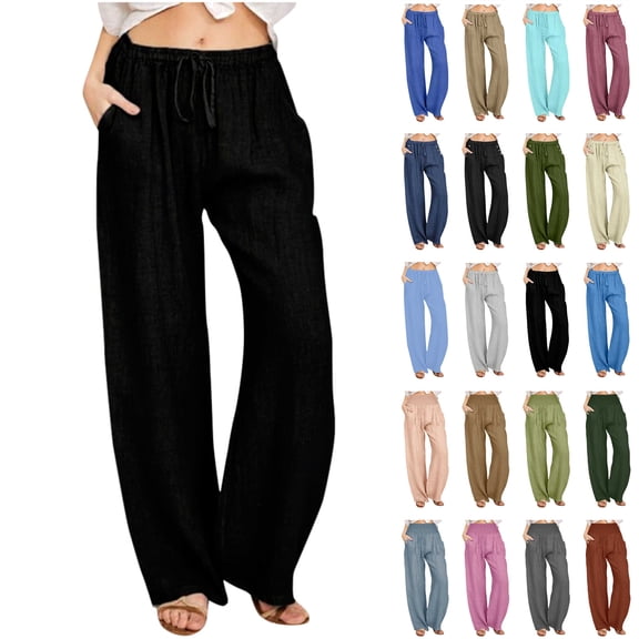QATAINLAV Linen Pants Women Summer Elastic High Waisted Wide Leg Pants Casual Palazzo Long Lounge Pant Basic Solid Going Out Trousers with Pocket Prime Sales Black XXL