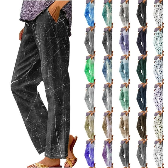QATAINLAV Linen Pants Women Vintage Lounge Straight Leg Pants Fashion Print Lounge Trousers Plus Size Slacks with Pockets Purple XXXL