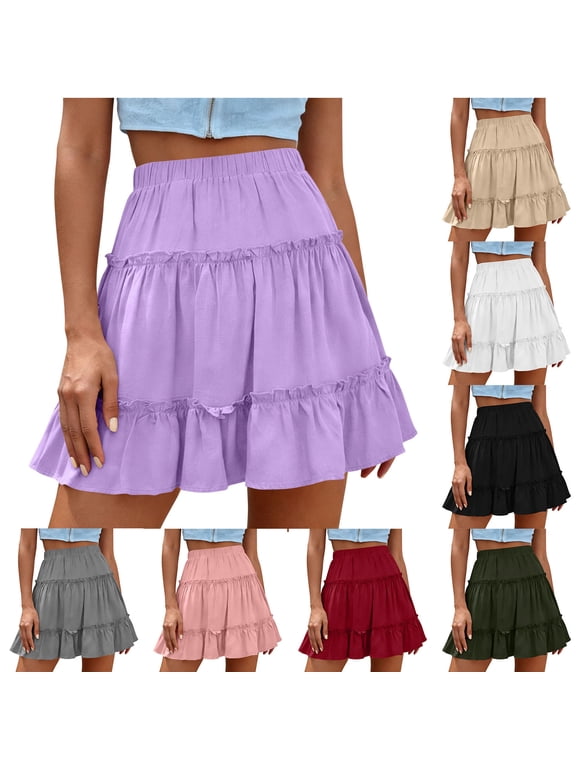 Linen Pleated Mini Skirt for Women High Waisted Elastic Tiered Ruffle Short Skirts Solid Casual Boho A-Line Skirt Purple S