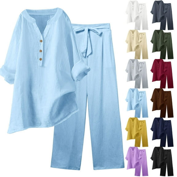 QATAINLAV Linen Set for Women 2 Piece Summer Outfits Plus Size Long Sleeve Button Down Shirts and Lace Up Wide Leg Pants Lounge Matching Sets Sky Blue XXXXXL Daily Sales