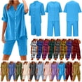 thumbnail image 1 of QATAINLAV Lounge Set for Women Short Sleeve V Neck Shirts and Shorts 2 Piece Outfits Matching Sets Solid Casual Pajamas Vacation Clothes, Khaki, XL, 1 of 8