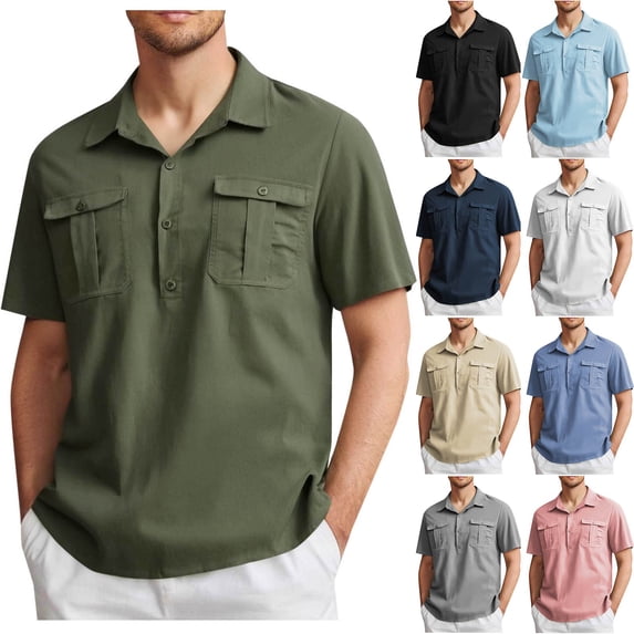 QATAINLAV Linen Shirt for Men Summer Button Collared Polos Shirt Short Sleeve Hawaiian Beach Vacation Clothes Solid Casual Golf Tops with Pockets Black XXXXL Mother's Day Gifts