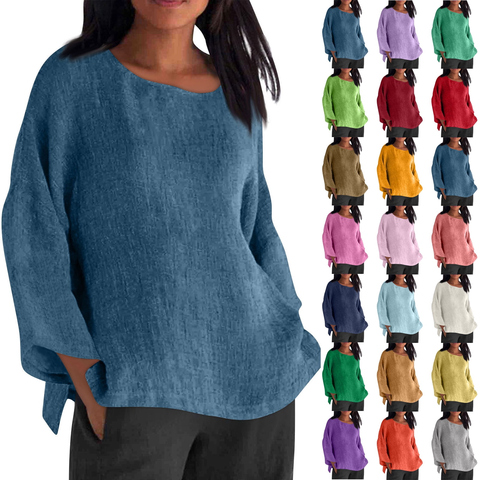 QATAINLAV Linen Shirts for Women Long Sleeve Plus Size Tops Gauze Split ...