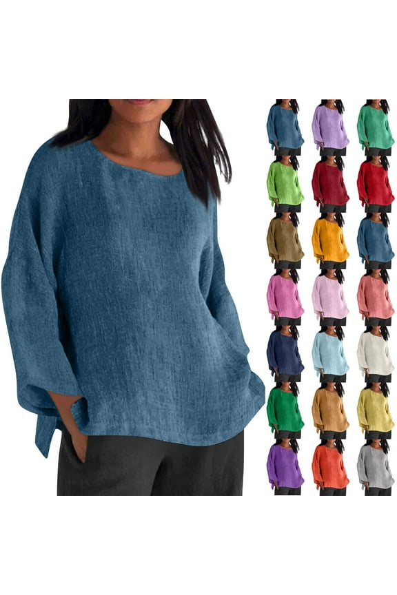 Linen Shirts for Women Long Sleeve Plus Size Tops Gauze Split Side Casual Dressy Blouses Loose Crew Neck Tunics Tops Purple XXXXL