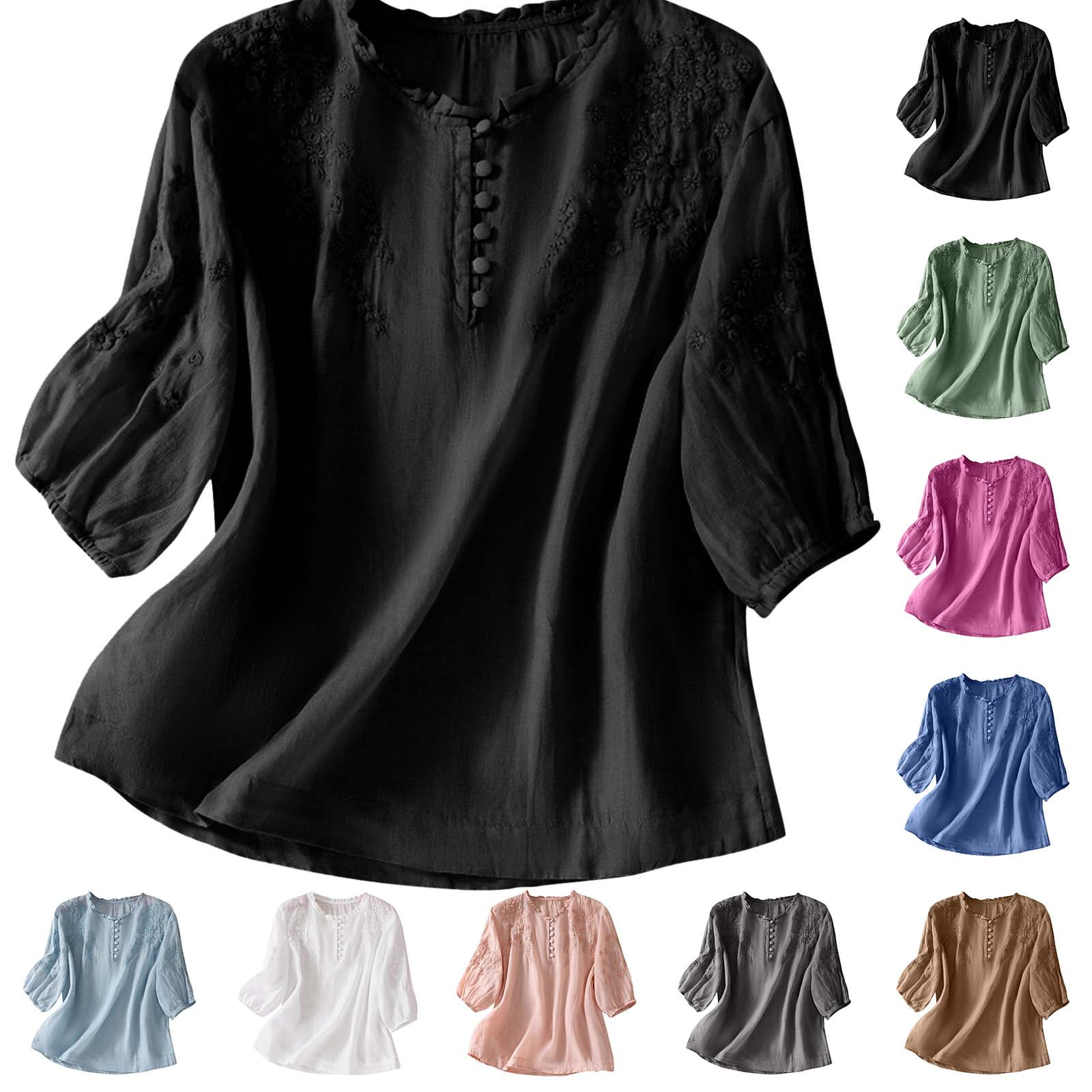 QATAINLAV Linen Shirts for Women Summer 3/4 Length Sleeve Tops Floral ...