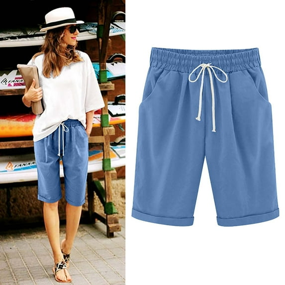 QATAINLAV Linen Short Women Plus, Women's Cotton Shorts Summer Loose Fit Knee Length Shorts with Drawstring Casual Solid Color Going Out Shorts, Bermudas Para Mujer, Blue, 3XL